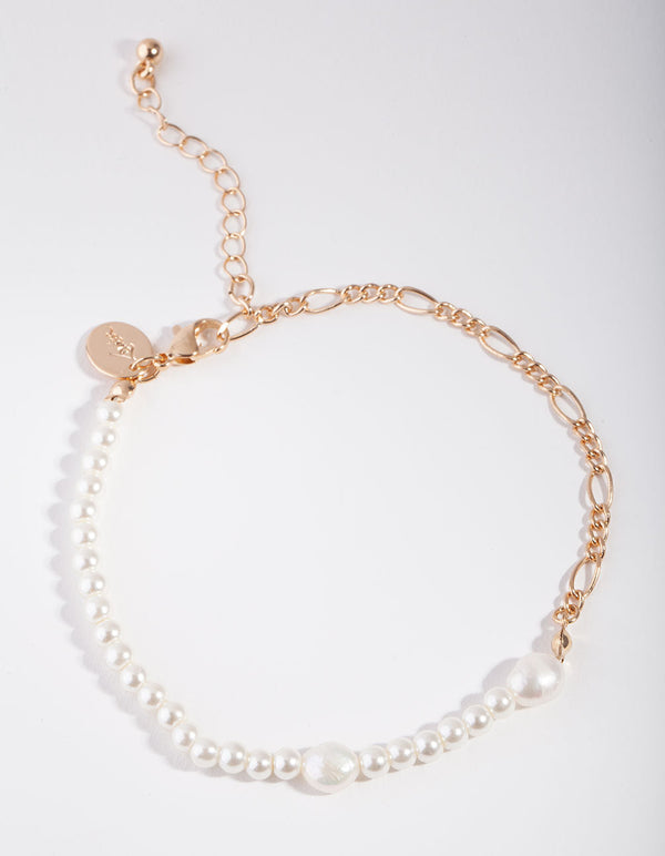 Gold Freshwater Pearl Figaro Chain Anklet