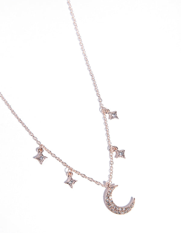 Rose Gold Star & Moon Diamante Necklace