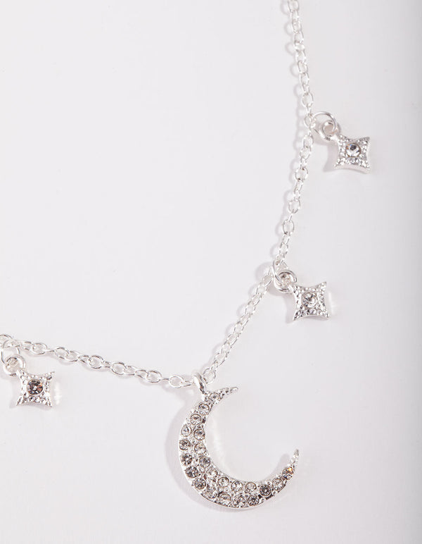 Silver Star & Moon Diamante Necklace