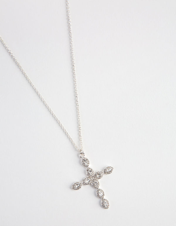 Silver Teardrop Diamante Cross Necklace