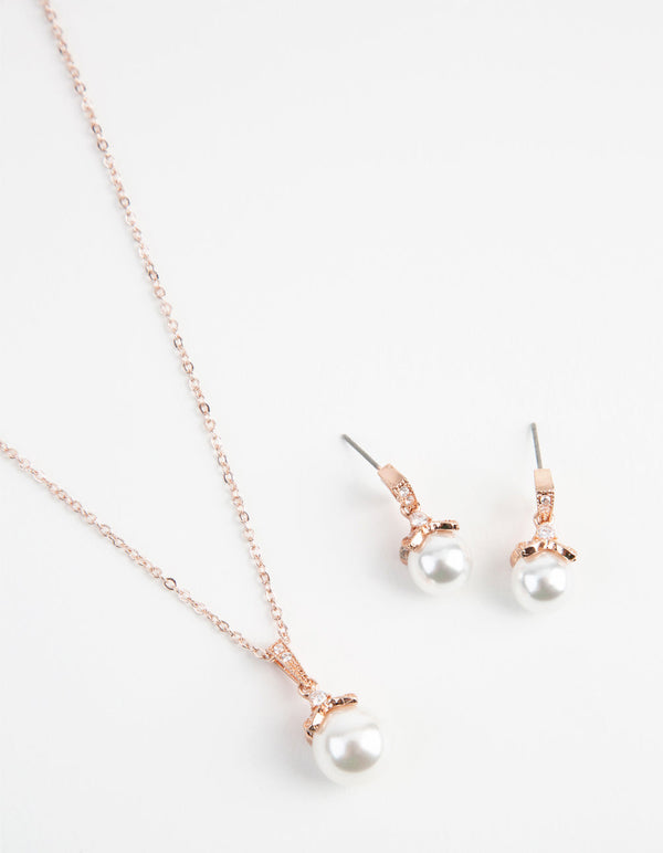 Rose Gold Classic Pearl Necklace & Earrings Set