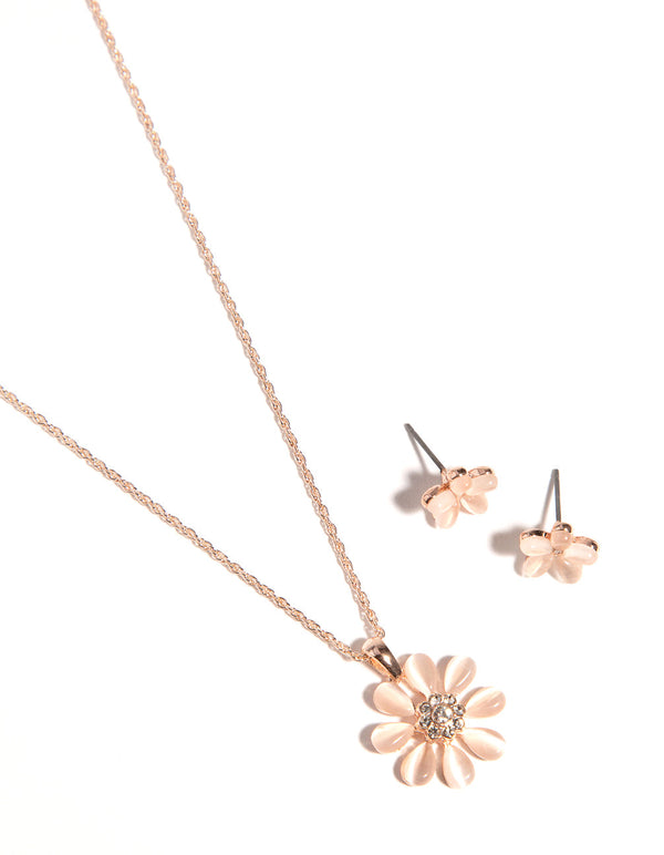 Rose Gold Daisy Catetye Necklace & Earrings Set