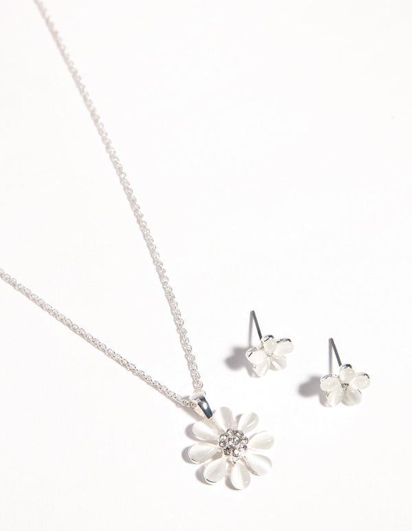 Silver Daisy Cateye Necklace & Earrings Set