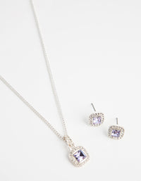 Silver Square Cut Diamante Necklace & Earrings Set - link has visual effect only
