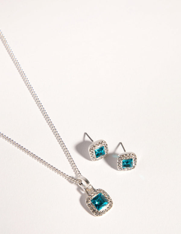 Silver Square Cut Diamante Necklace & Earrings