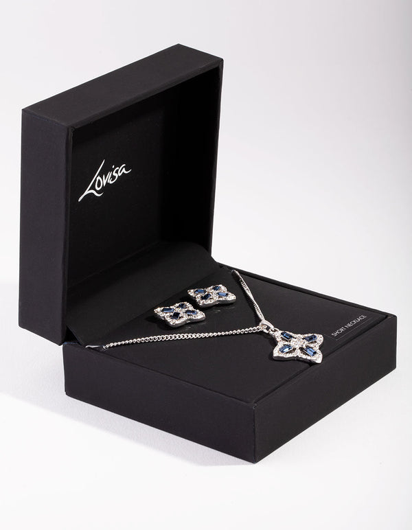 Silver Flower Diamante Stone Necklace & Earrings Set