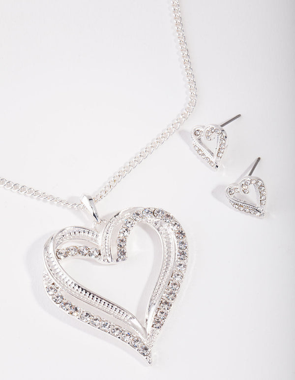 Silver Diamante Twist Heart Necklace Earrings
