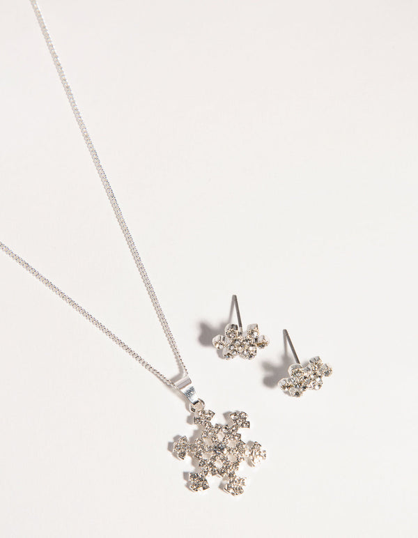 Silver Diamante Snowflake Necklace Earrings