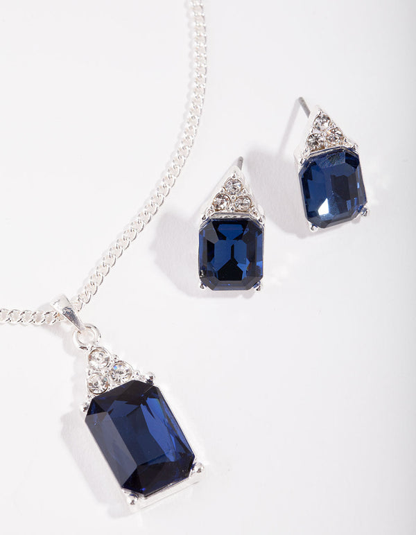 Silver Rectangle Diamante Necklace & Earrings Set