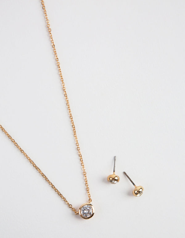 Gold Circle Diamond Pendant Necklace & Earrings Set