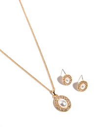 Gold Oval Pearl Diamante Necklace & Earrings Set - link has visual effect only