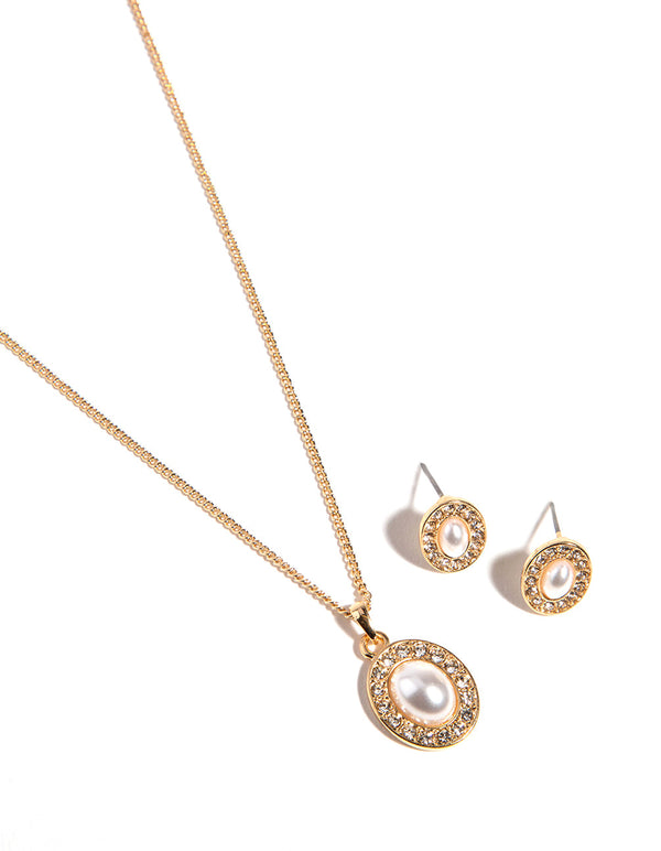 Gold Oval Pearl Diamante Necklace & Earrings Set