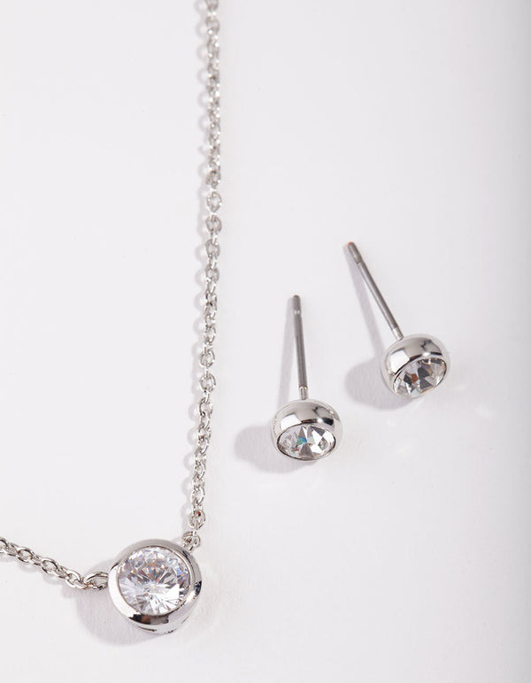 Rhodium Circle Diamante Pendant Necklace & Earrings Set