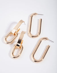 Gold Pack Rectangle Link & Hoop Earring - link has visual effect only