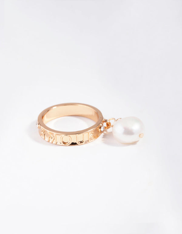 Gold Diamante Freshwater Pearl Charm Band Ring