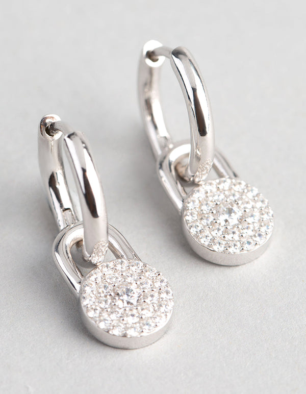 Sterling Silver Round Pave Disc Huggie Earrings