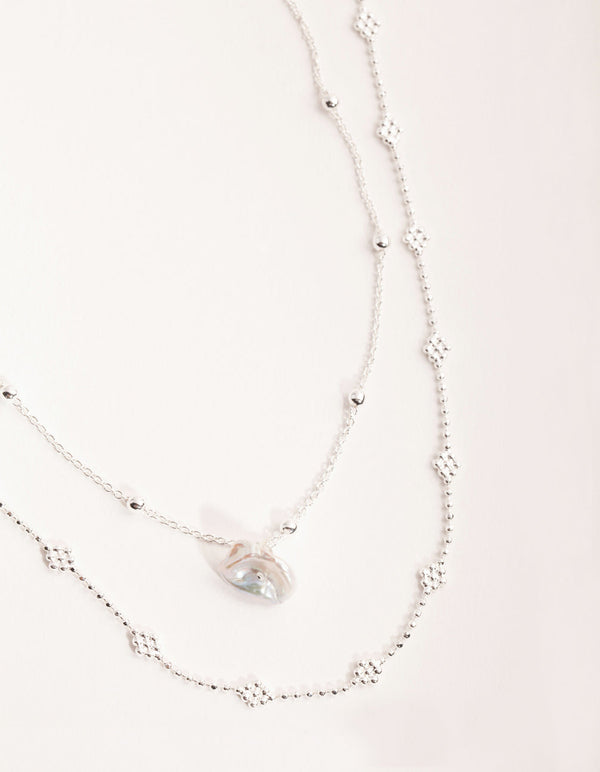 Silver Plated Mini Flower Ball & Pearl Drop Necklace