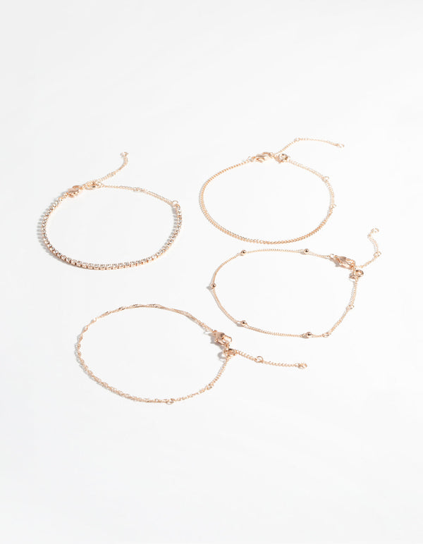 Rose Gold Diamante Twist Bracelet & Anklet 4-Pack Set
