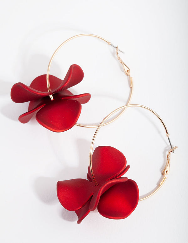 Gold Red Pearlised Flower Hoop Earrings