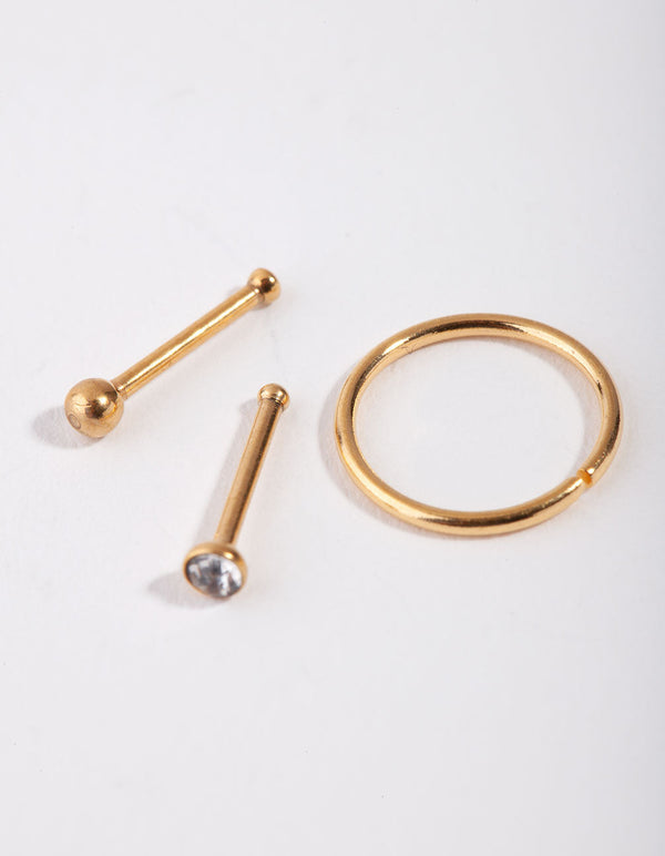 Gold Ball & Diamante Nose Ring & Stud Pack