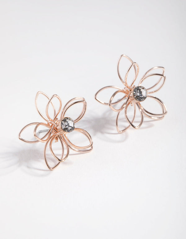 Rose Gold Dainty Diamante Flower Stud Earrings