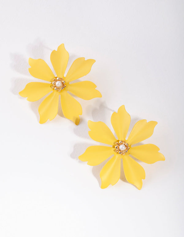 Matte Yellow Big Flower Stud Earrings