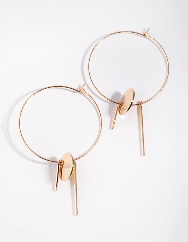 Gold Disc Stick Hoop Earrings