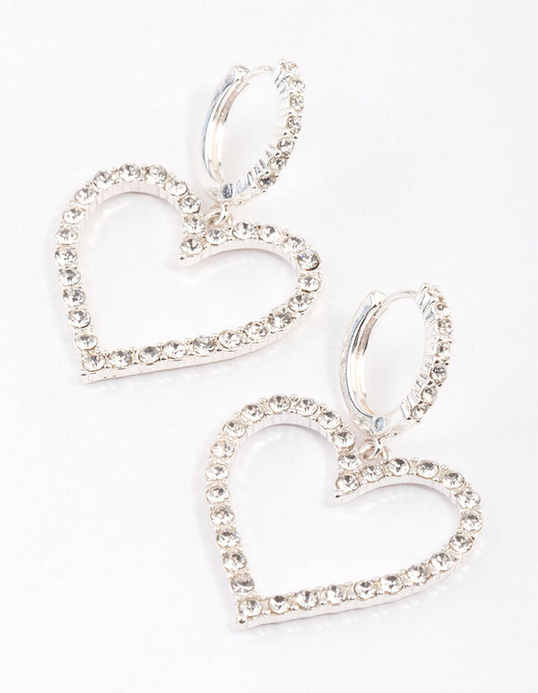 Silver Diamond Heart Huggie Earrings