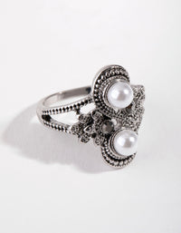 Black Antique Silver Pearly Flower RIng - link has visual effect only