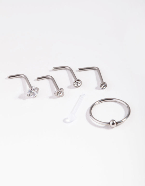 Silver Mixed Diamante Nose Stud 6-Pack