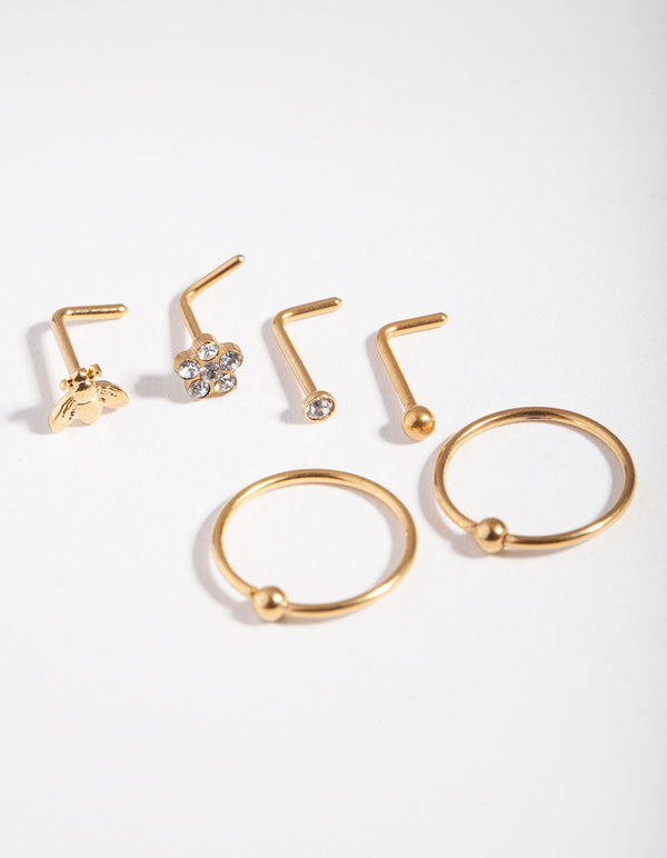 Gold Surgical Steel Flower & Bee Nose Stud 6-Pack