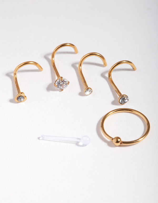 Gold Surgical Steel Diamante Nose 6-Pack