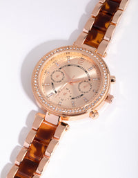 Rose Gold Tortoiseshell Bling Link Strap Watch - link has visual effect only