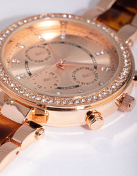 Rose Gold Tortoiseshell Bling Link Strap Watch - link has visual effect only