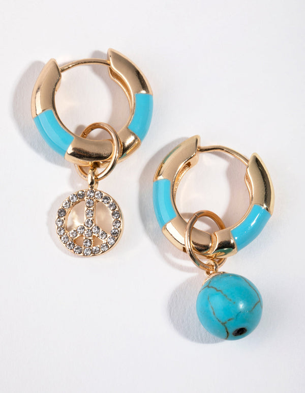 Gold Turquoise Diamante Peace Hoop Earrings