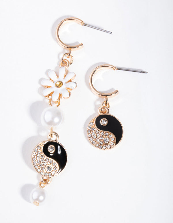 Gold Asymmetric Yin & Yang Daisy Earrings