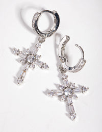 Silver Crystal Stone Cross Hoop Earrings - link has visual effect only