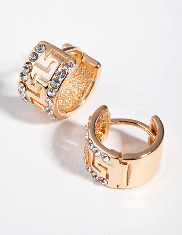Gold Diamante Grecian Key Huggie Earrings