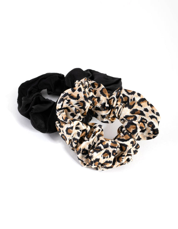 Black & Leopard Silk Scrunchie Pack
