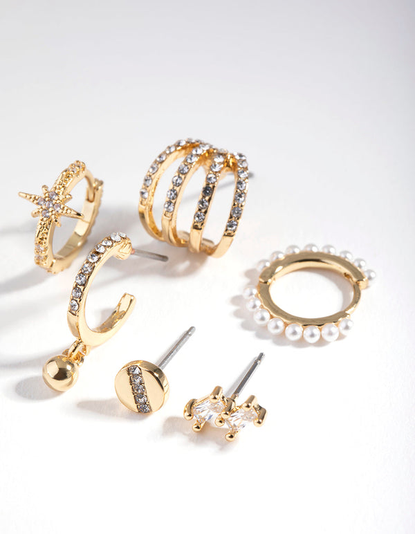 Gold Plated Diamante & Freshwater Pearl Huggie Earring Pack