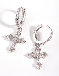 Rhodium Diamond Simulants Cross Huggie Earrings - link has visual effect only