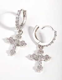 Rhodium Diamond Simulants Cross Huggie Earrings - link has visual effect only