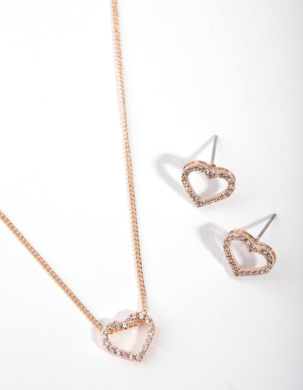 Rose Gold Diamond Simulant Heart Necklace & Earrings Set