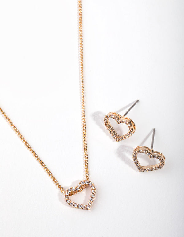 Gold Heart Diamond Simulants Necklace & Earrings