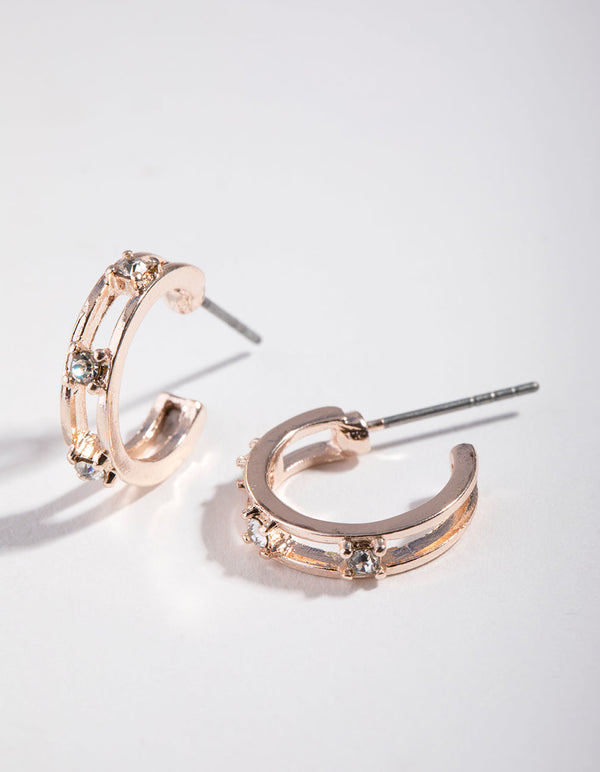 Rose Gold Diamante Ladder Huggie Earrings