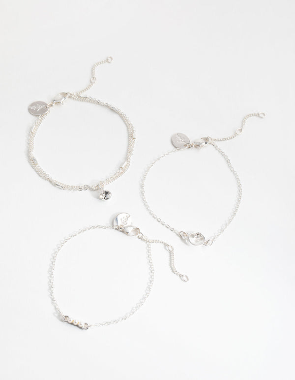 Silver Diamante & Faux Pearl 4-Pack Bracelets