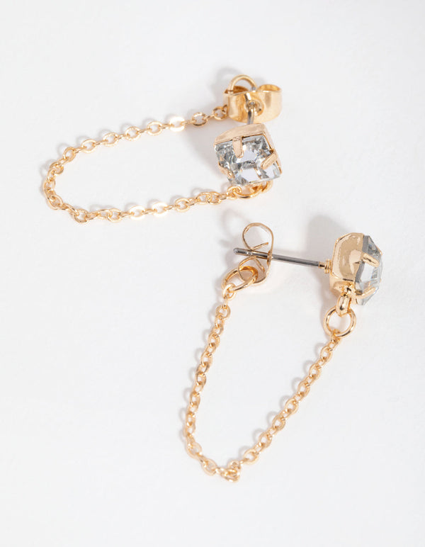 Gold Square Diamante Chain Stud Earrings