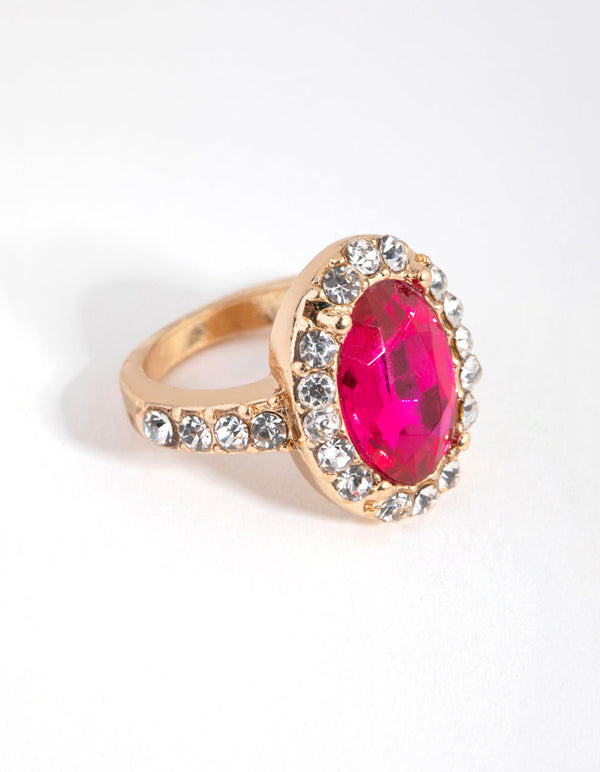 Gold Diamante Surrounded Pink Stone Ring