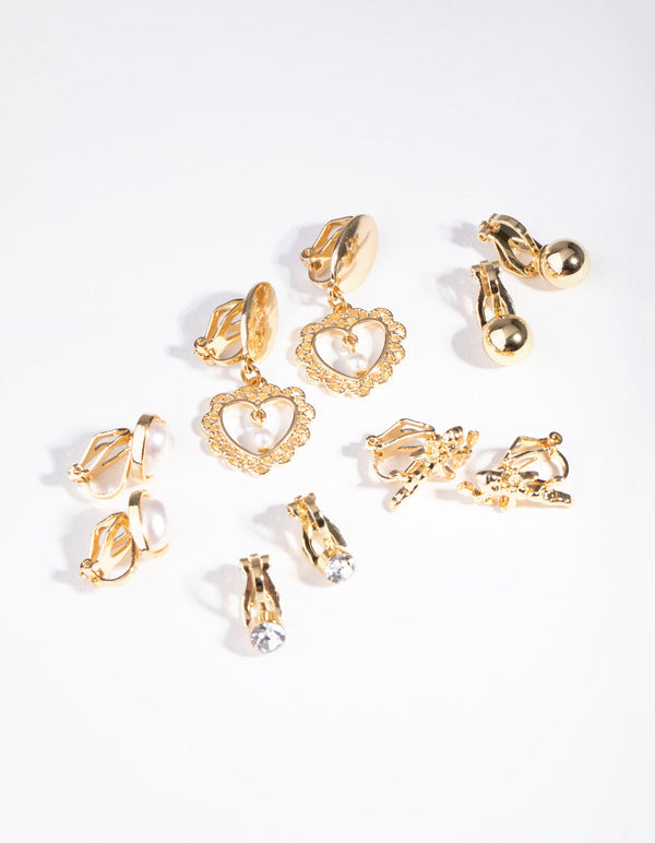 Gold Faux Pearl Heart Clip On 5-Pack Earring