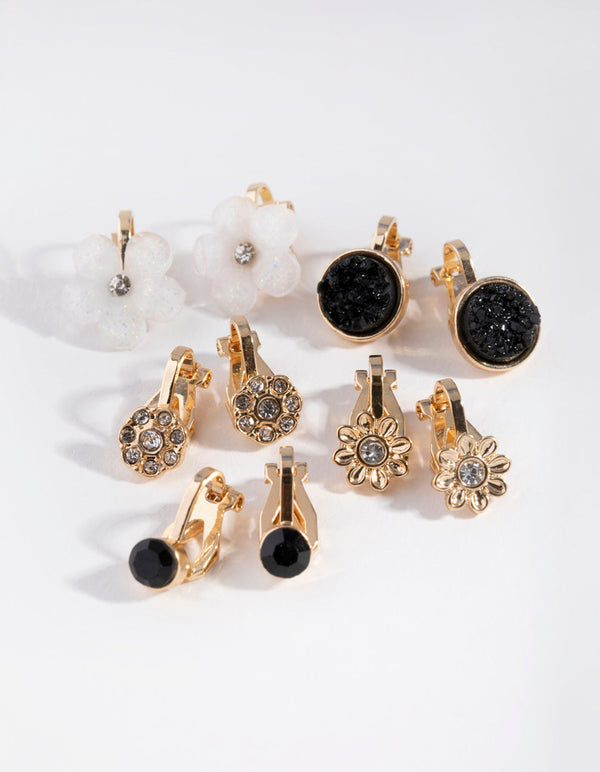 Gold Flower Diamante Clip 5-Pack Earring